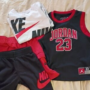 Jordan Kids Black and Red Basketball Jersey 2 Nike Shorts And 1 Nike Tee Size 6M